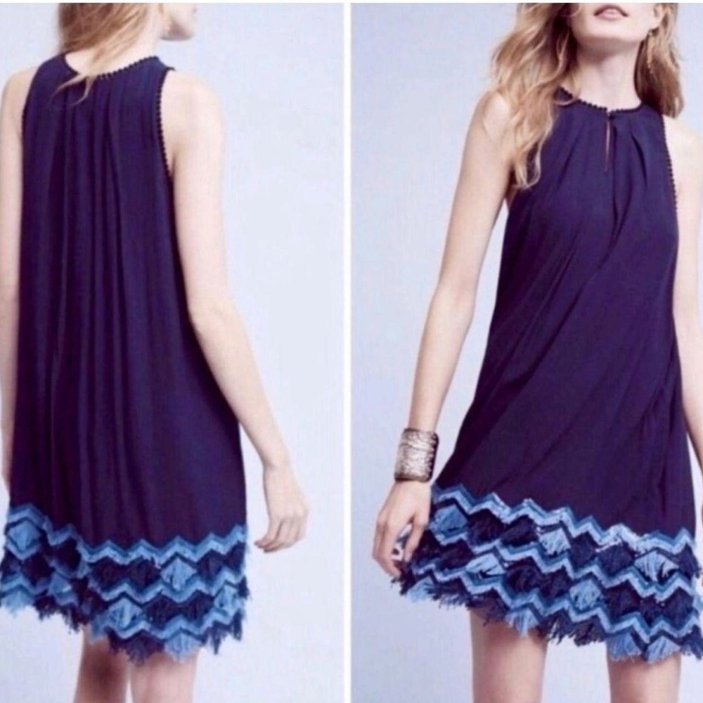 Maeve Navy Sleeveless Dress Size 14 Boho Fringe Hem Keyhole Neck